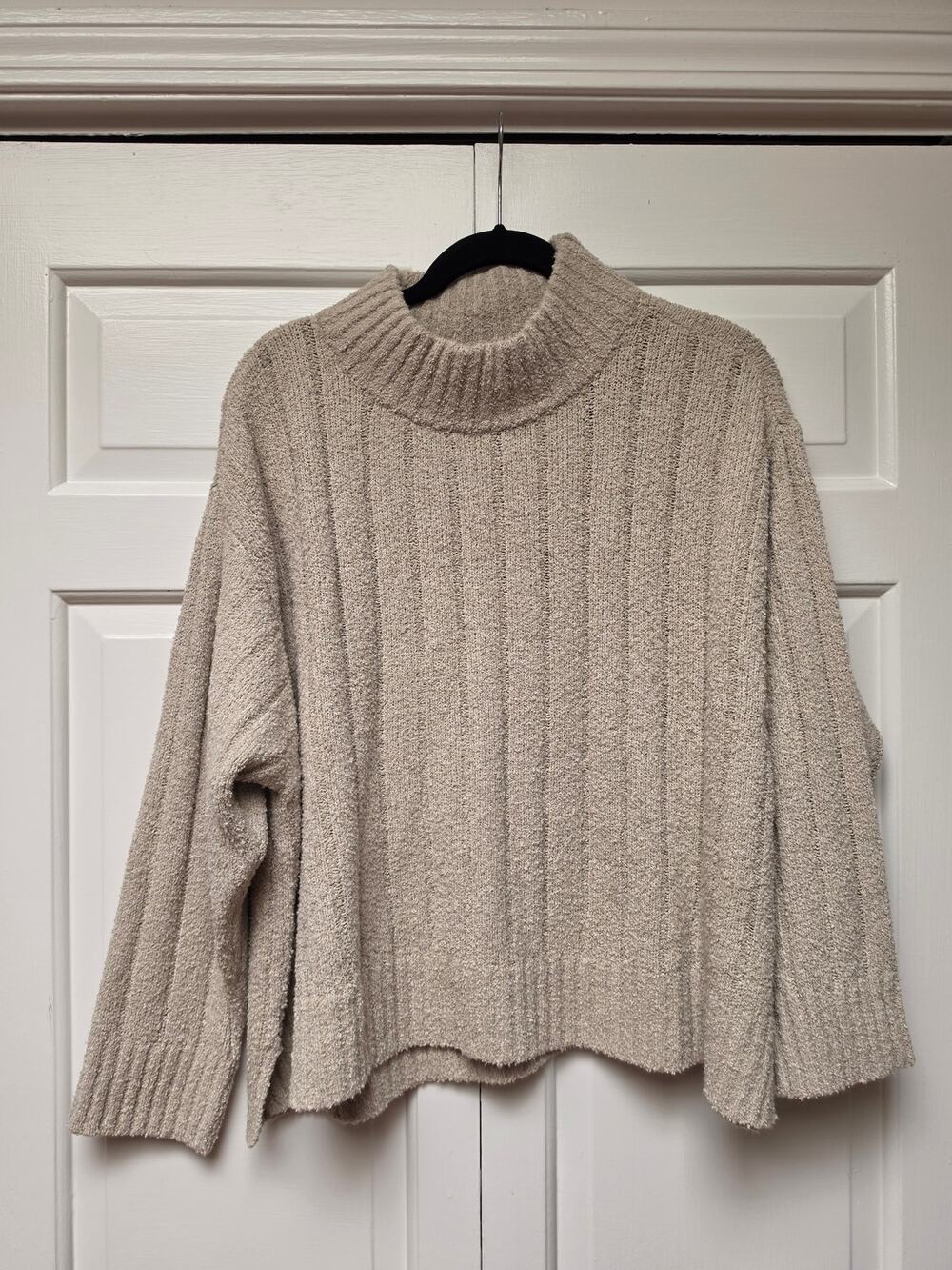Eileen Fisher Cotton Fluff Rib Turtleneck Top Beige XL